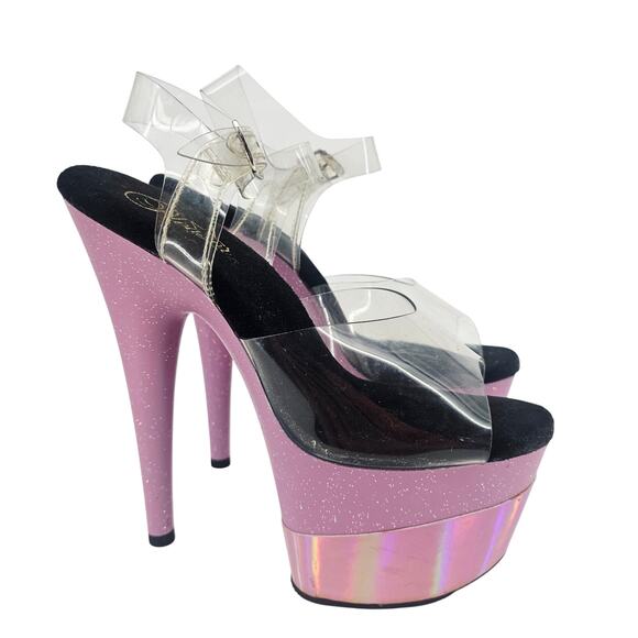 Pleaser Platform 9" Heels Adore 708 Pink Glitter Hologram Ankle Strap 8 - Picture 1 of 11